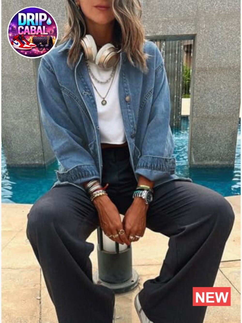 Oversized Button Up Denim Jacket Shacket Long Sleeve with Pockets - Picture 3 of 6